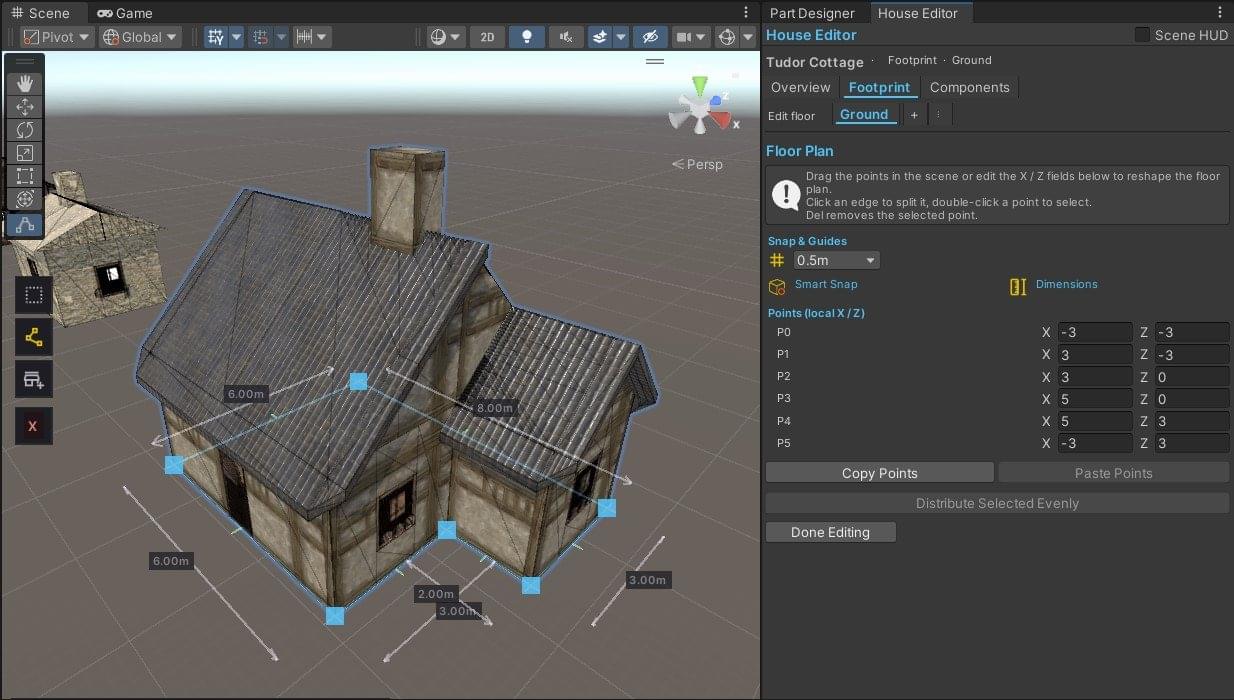 Easy House footprint editing, showing editable ground points on a house