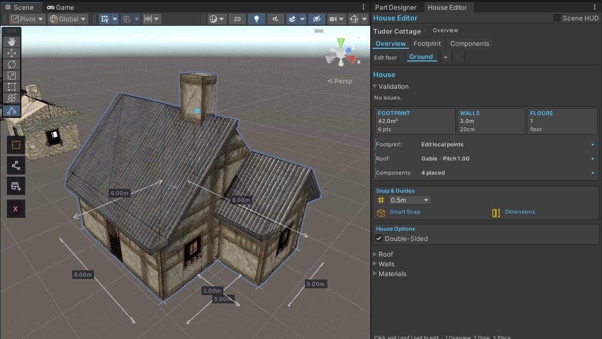 Easy House editor in Unity showing a Tudor Cottage, its dimensions and a footprint, walls and floors panel