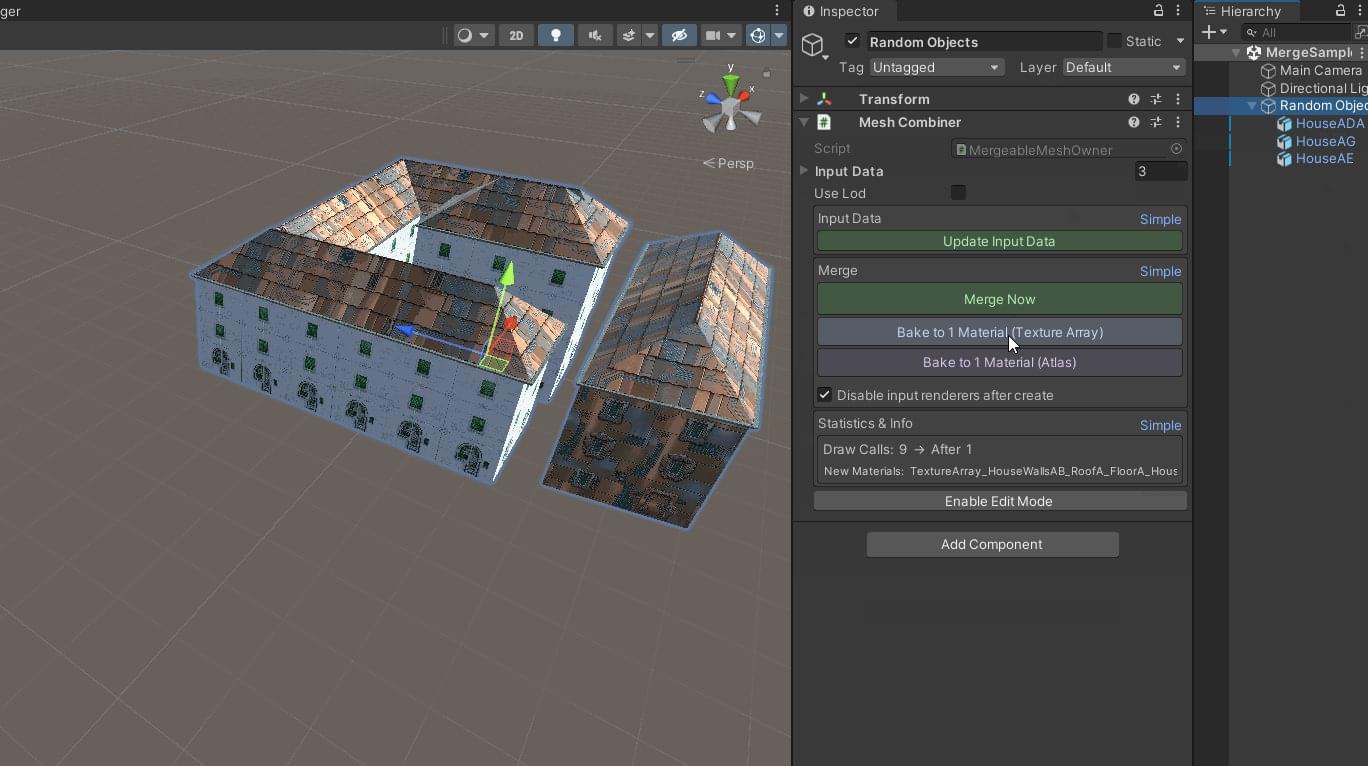 MeshMerge Mesh Combiner component in the Unity inspector, showing Merge Now, Bake to Texture Array and Bake to Atlas, and Draw Calls going from 9 to 1