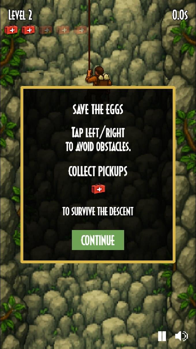 Level 2 of the Jurassic World Rebirth browser game, showing the tutorial prompt over rocky terrain