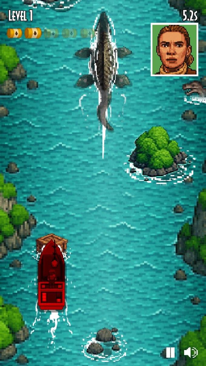 Jurassic World Rebirth: A New Era browser game in play, showing a boat and a dinosaur in the water