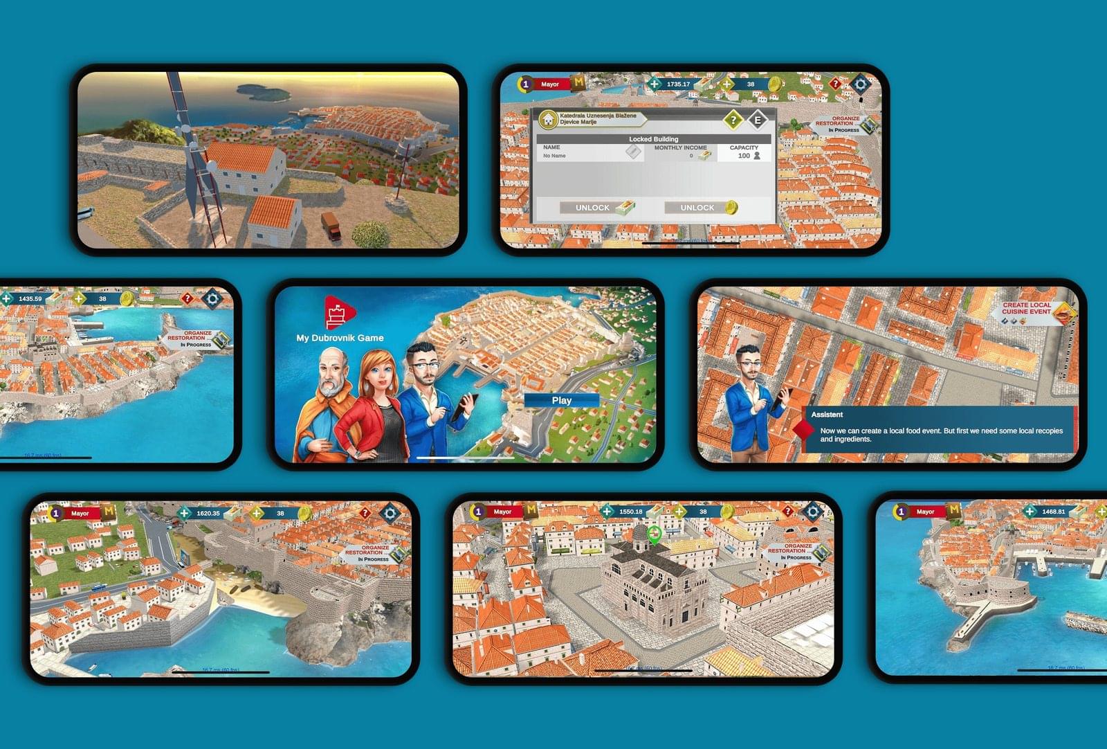 Collage of My Dubrovnik gameplay screens showing city management systems